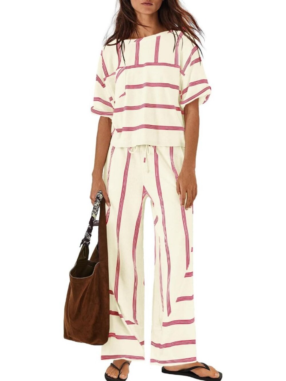Chic Striped 2-Piece Lounge Set for Women | Short Sleeve Top & Wide Leg Pants